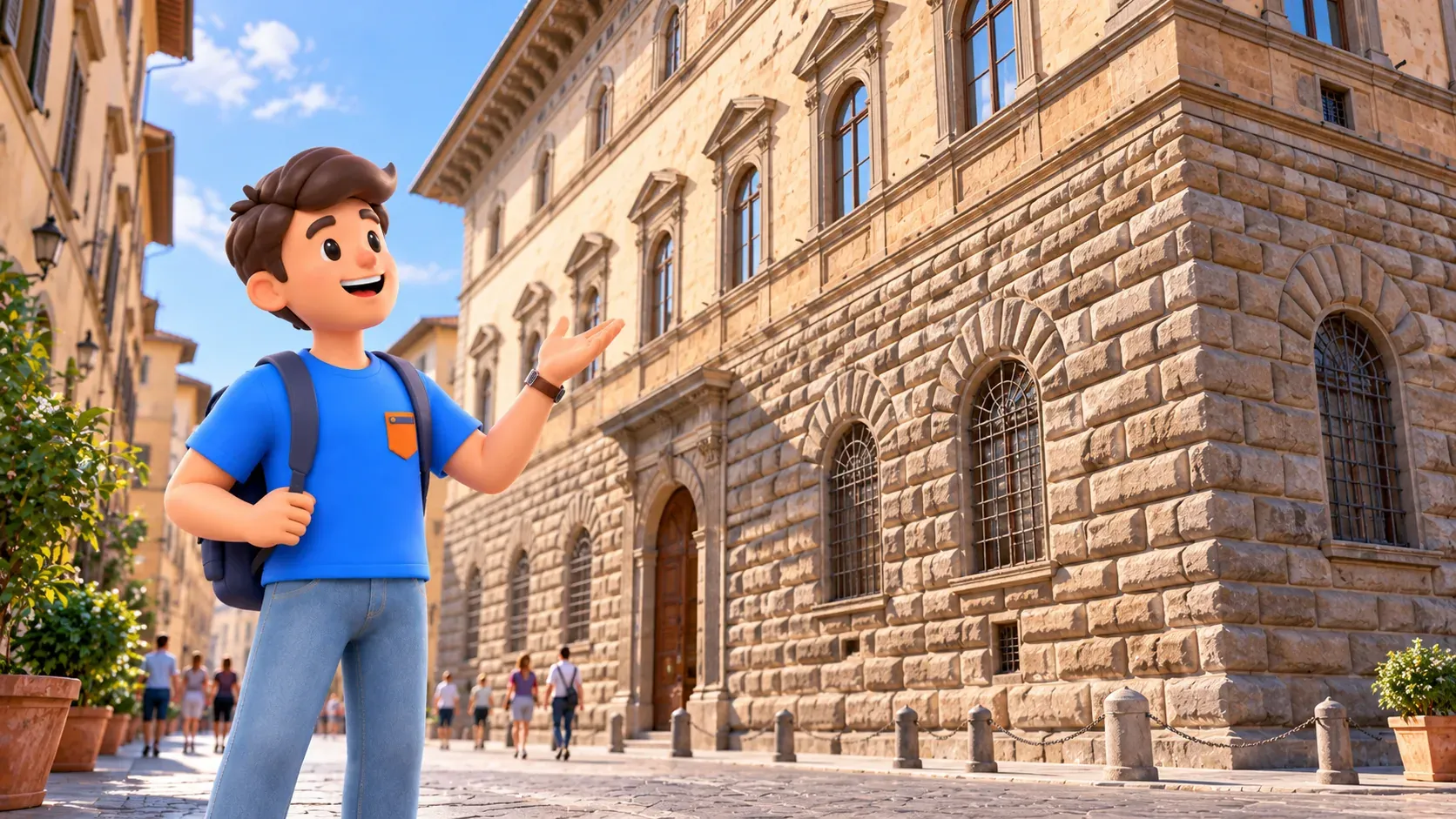 Traveler looking at a Renaissance palace’s stone facade