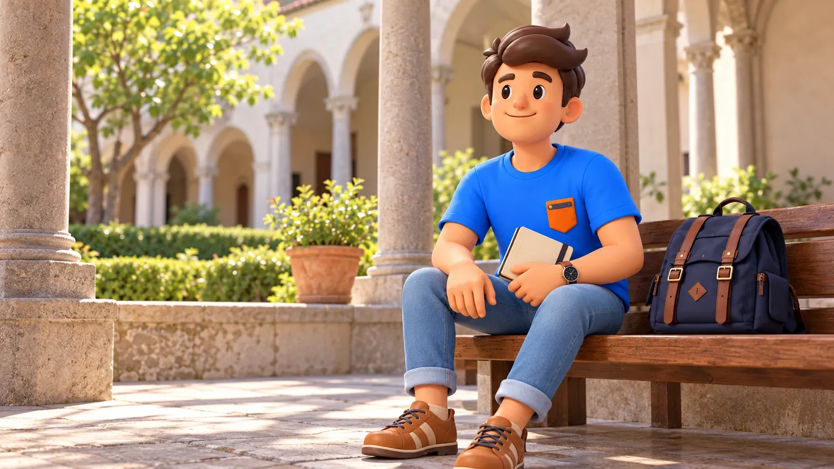 Traveler with a closed notebook resting in a quiet colonnaded courtyard
