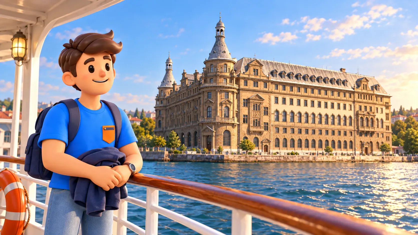 Viajero contempla Haydarpaşa desde una cubierta