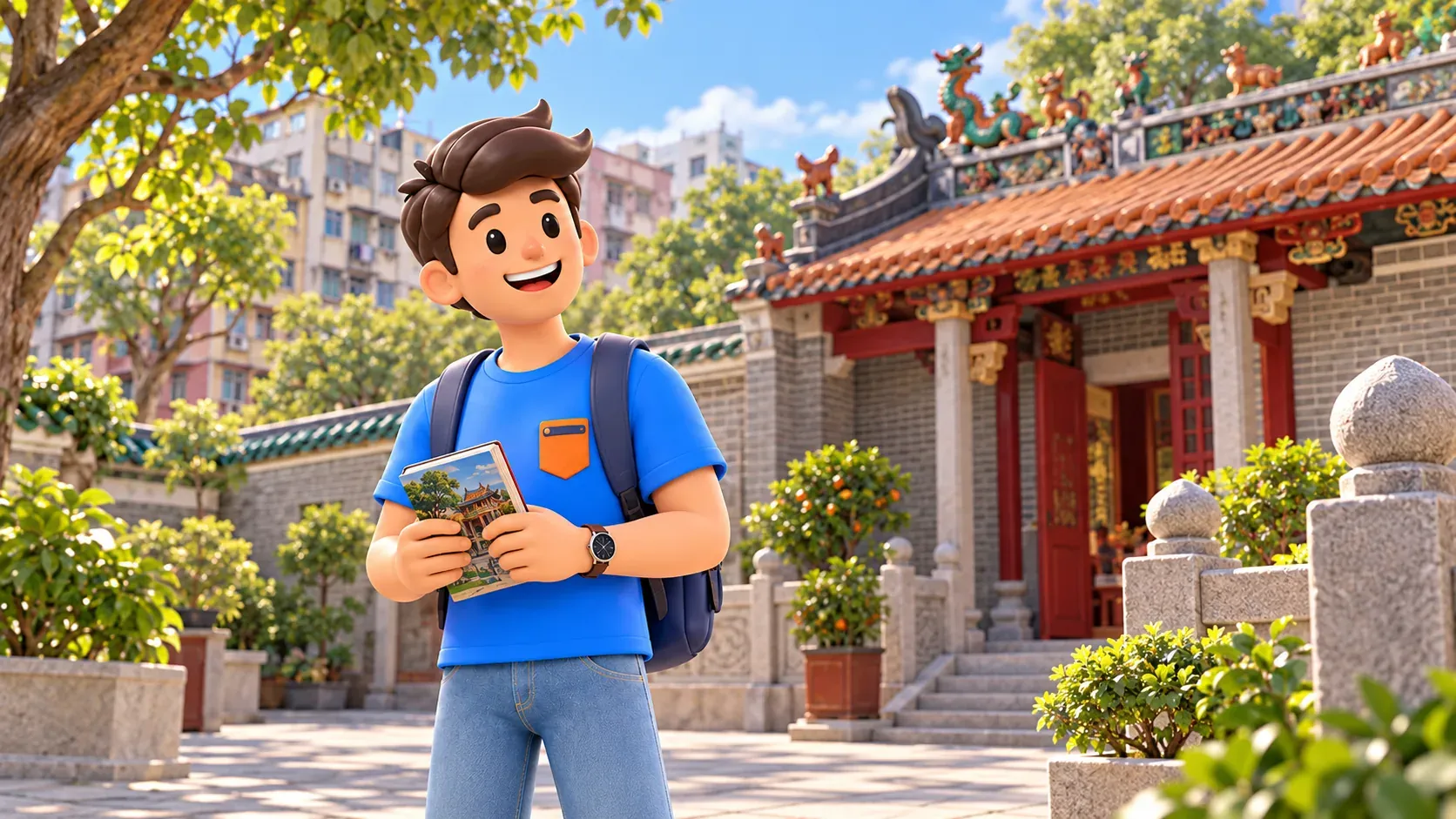 Personaje con guía junto a un templo tradicional en un patio urbano