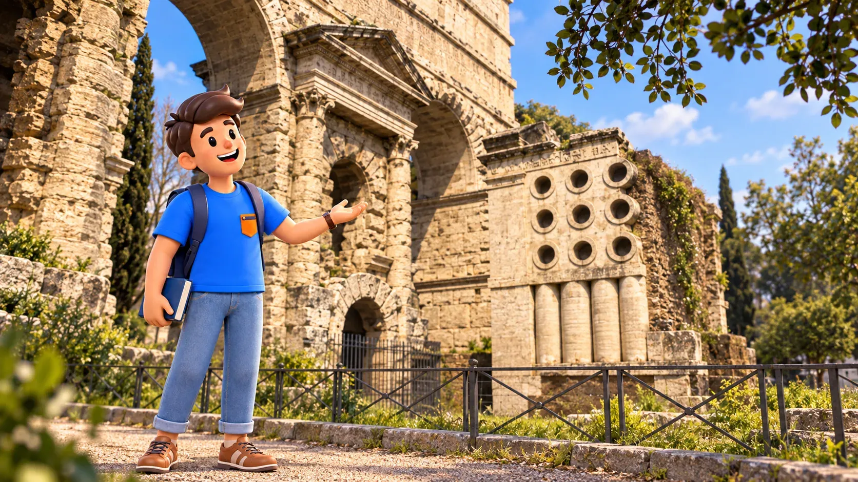 A traveller observes Porta Maggiore and the circular openings of the baker’s tomb