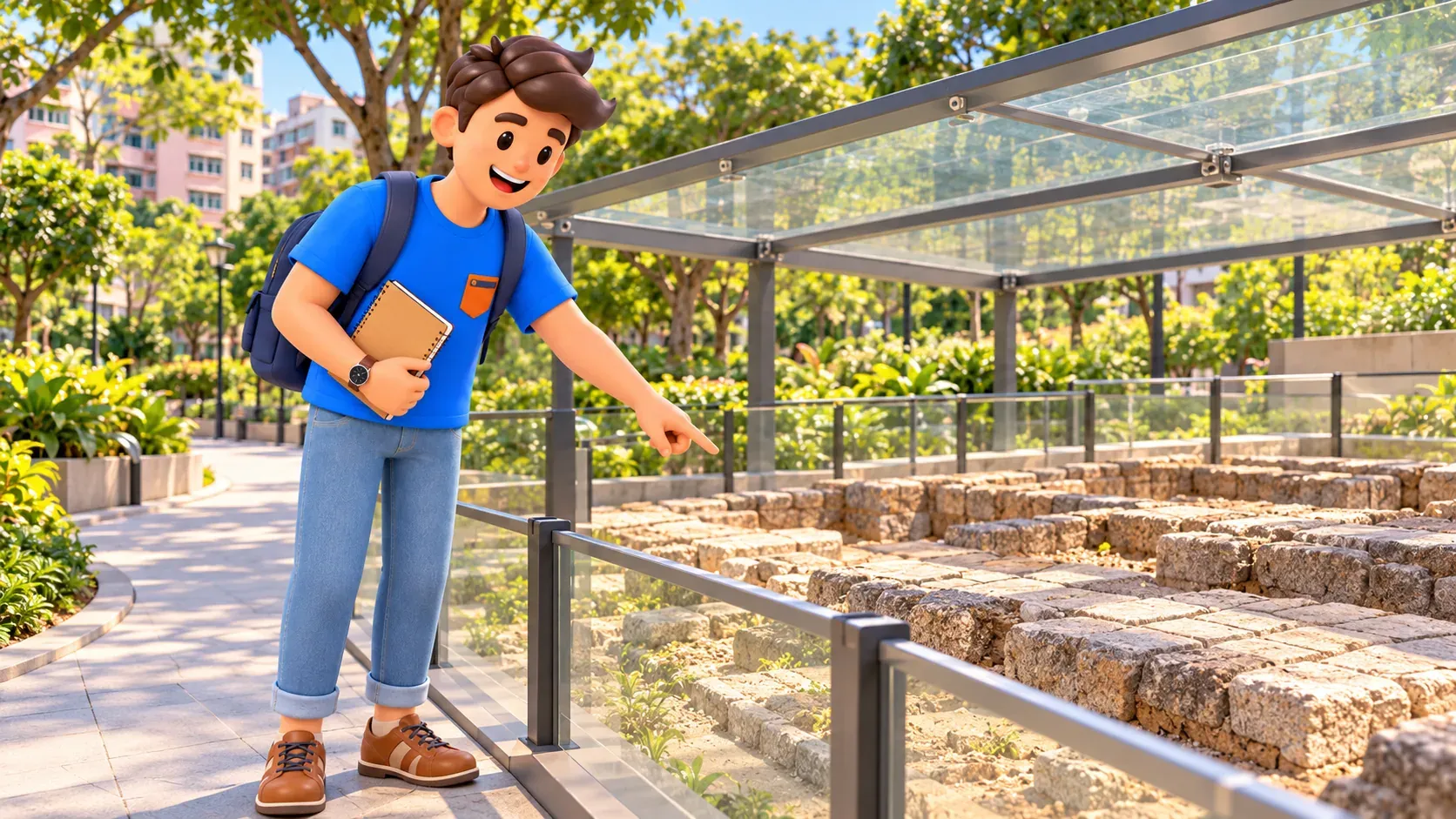 Personaje observando restos bajos de piedra detrás de una barrera