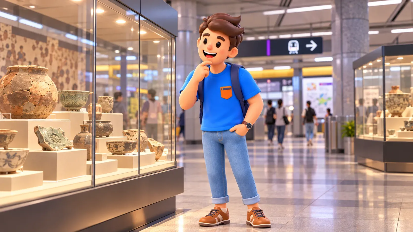 Personaje junto a vitrinas de cerámica en el vestíbulo de una estación
