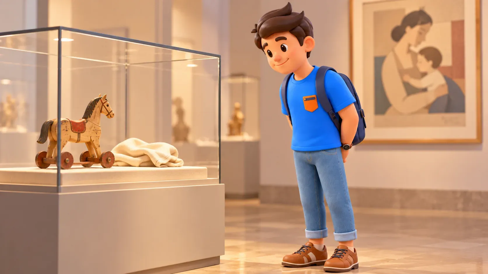 Thematische Illustration: Reisender betrachtet ein altes Spielzeugpferd in einer Museumsvitrine