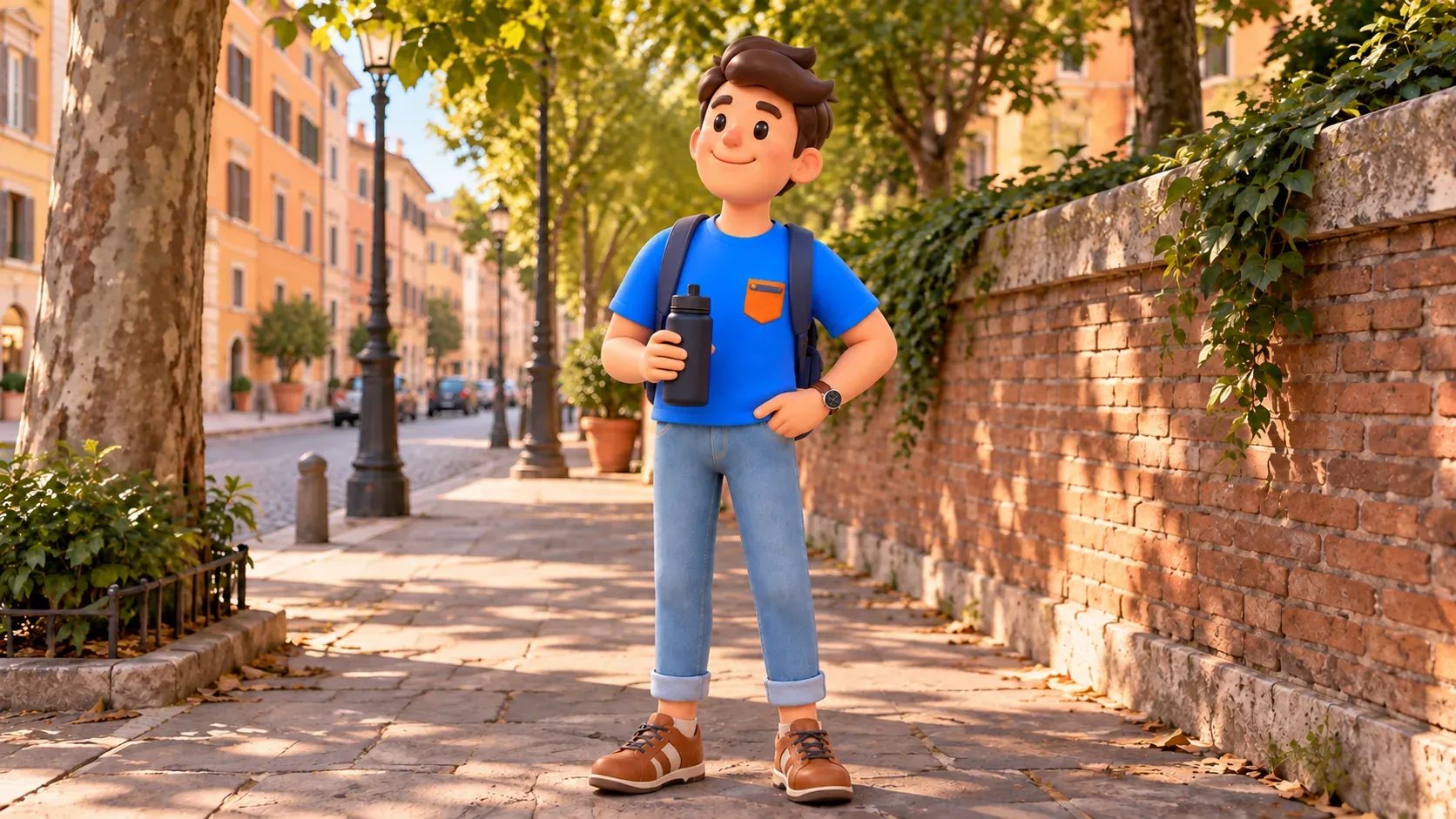 A traveller pauses with a water bottle beside an ordinary brick wall