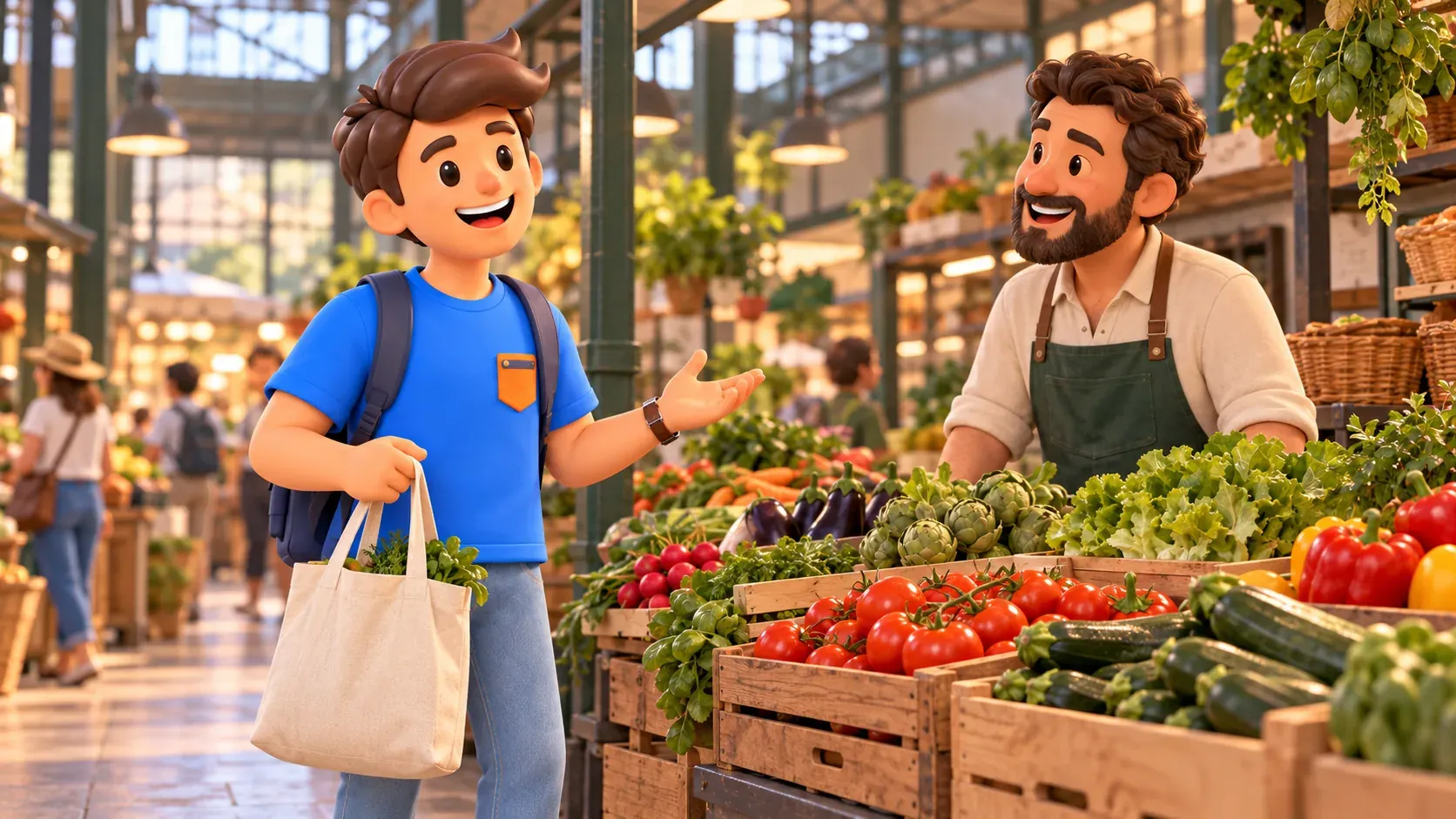 Voyageur avec un sac en tissu parlant à un marchand de légumes