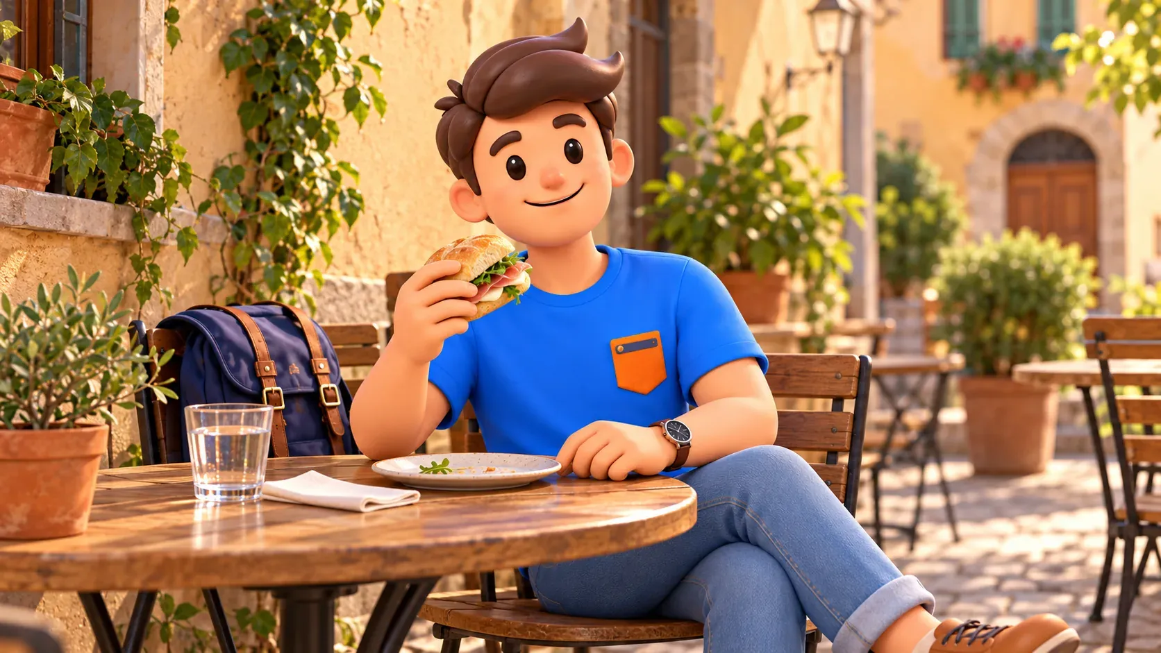 Voyageur faisant une pause avec un panino et un verre d’eau en terrasse