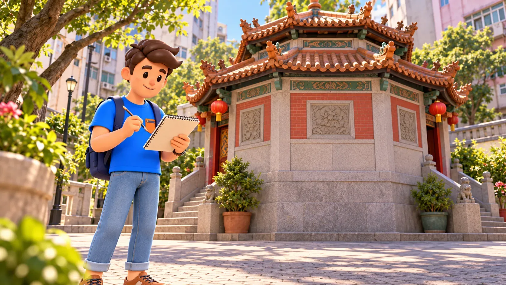 Personnage avec un carnet observant la salle avant à pans d’un temple