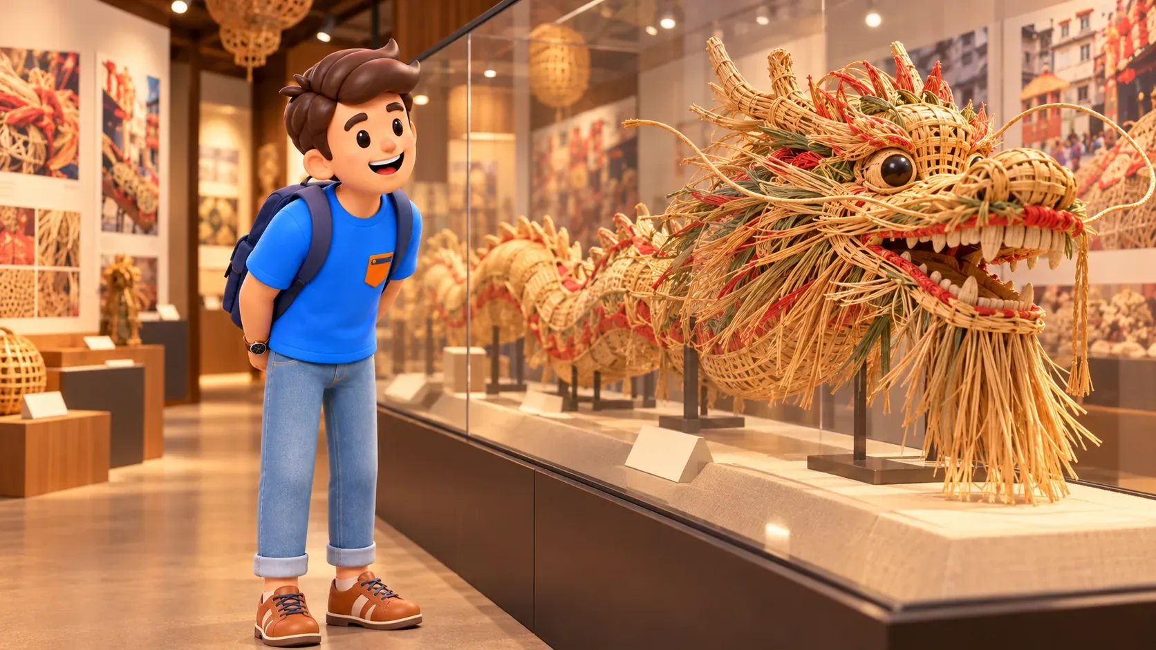 Personnage observant une figure de dragon tressée derrière une vitre
