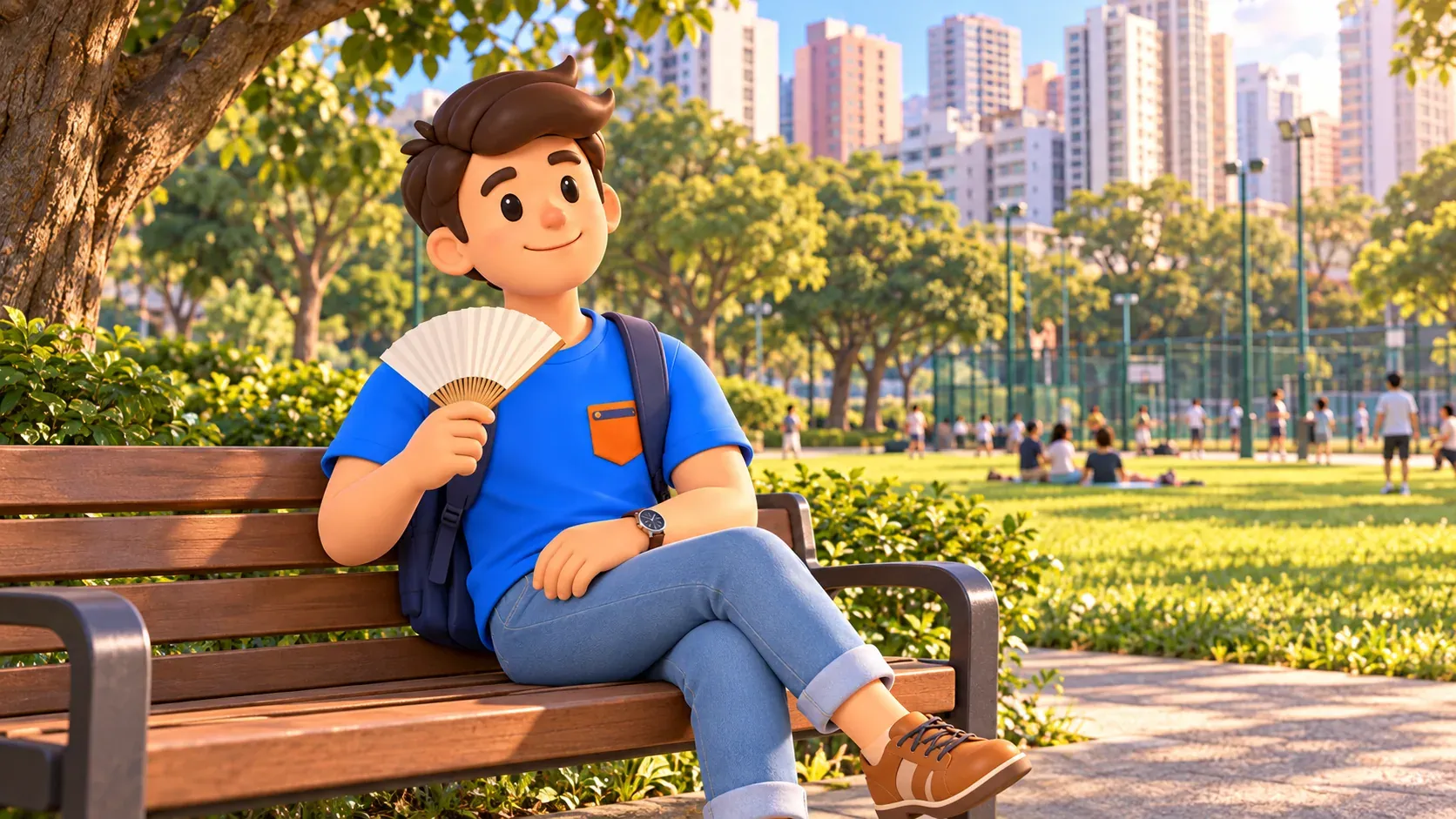 Personnage avec un éventail se reposant sur un banc près d’une pelouse