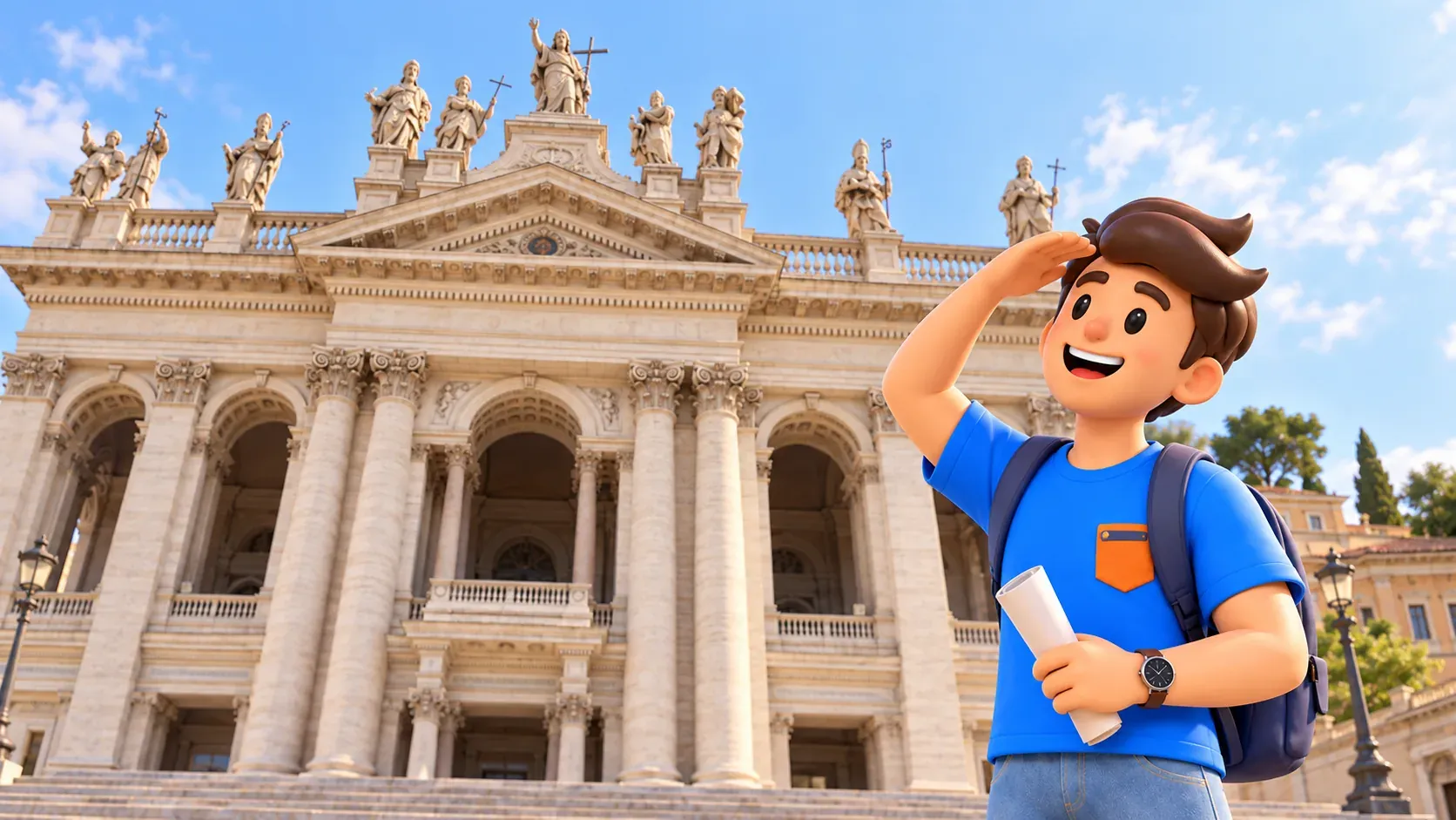 A traveller with a rolled leaflet looks at the statues on the Lateran basilica’s façade