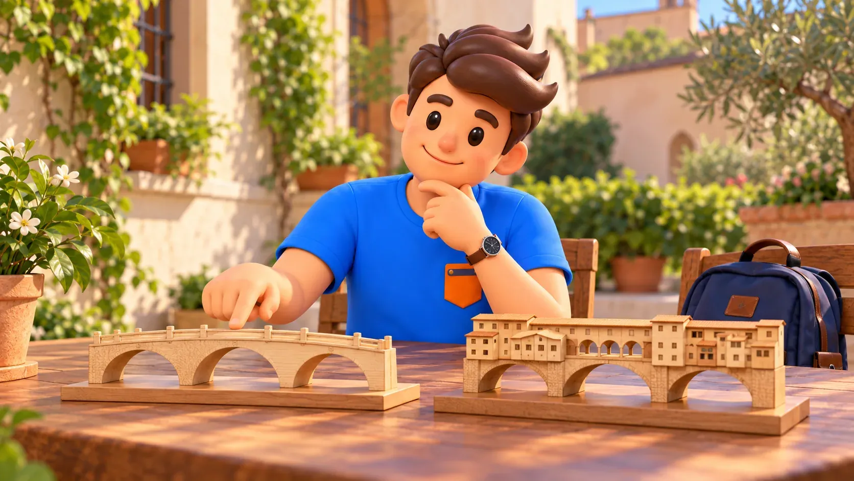 Thematic illustration of a traveler comparing two wooden bridge models