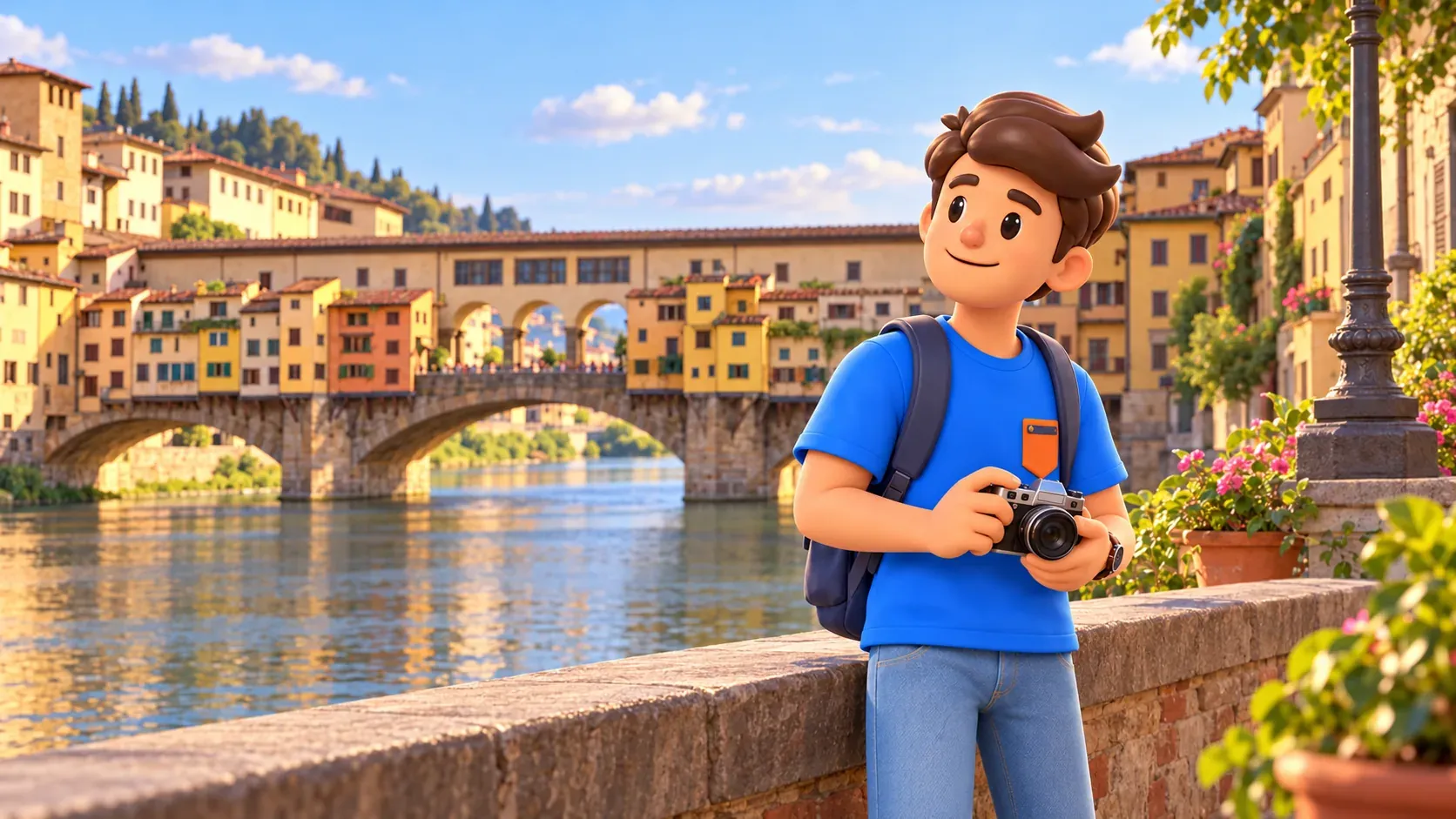 Traveler with a camera looking at Ponte Vecchio from the Arno bank