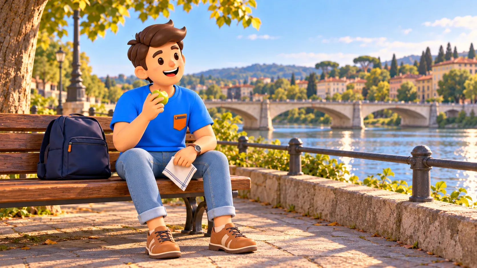 Traveler with an apple resting on a riverside bench