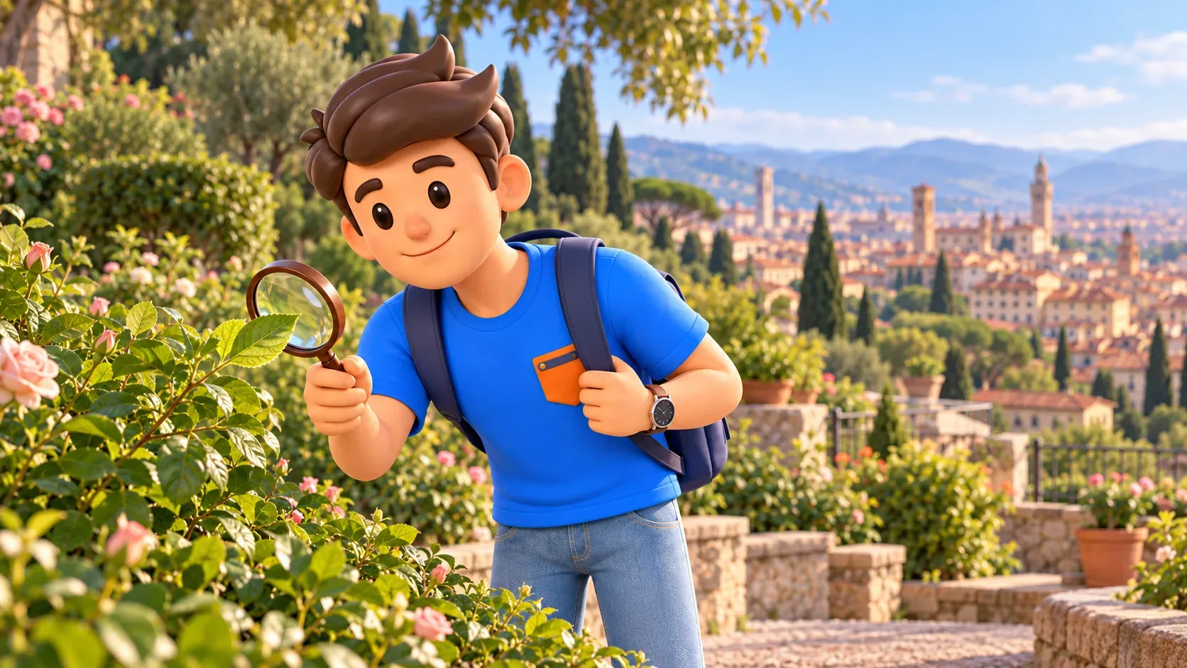 Viajero observando una hoja con una lupa en un jardín de ladera