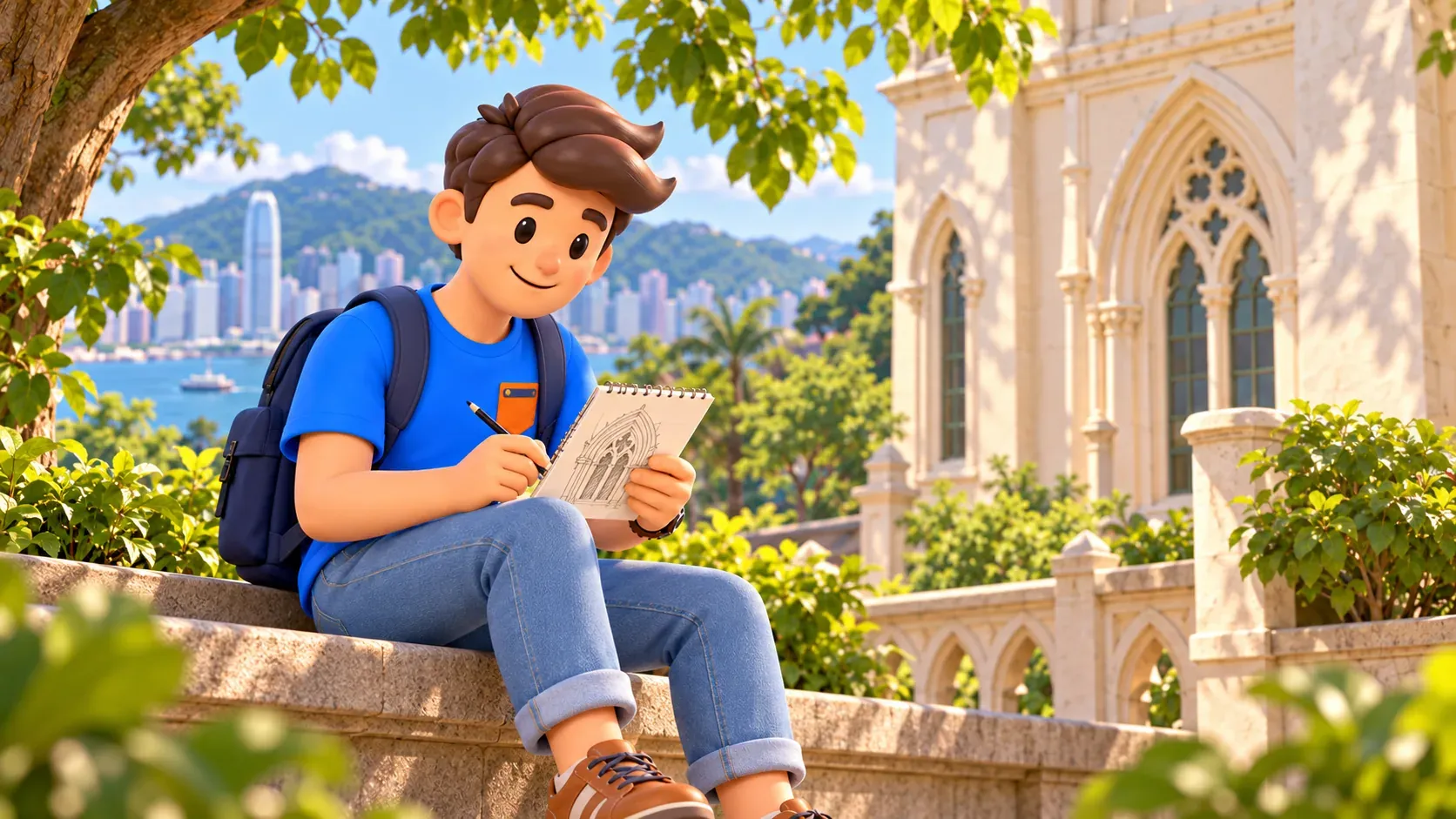 Персонаж зарисовывает стрельчатое окно исторического здания