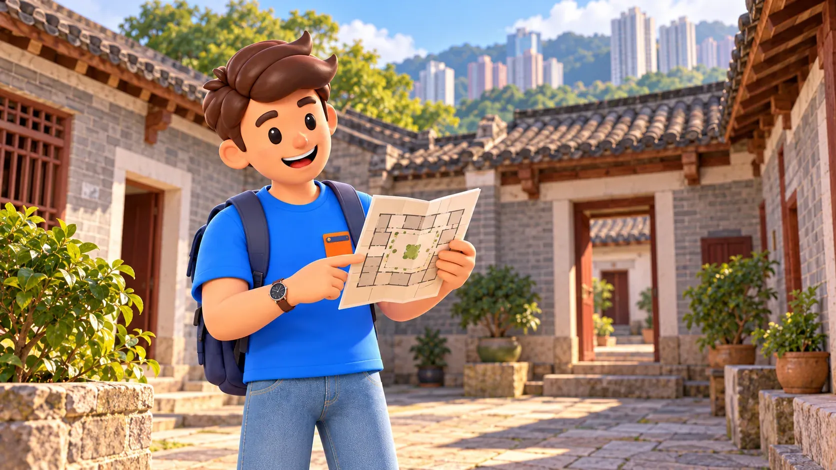 Traveller studying a plan in a grey-brick Hakka-house courtyard