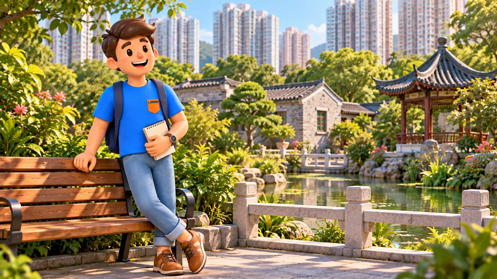 Traveller pausing by a bench in an urban garden with low historic buildings