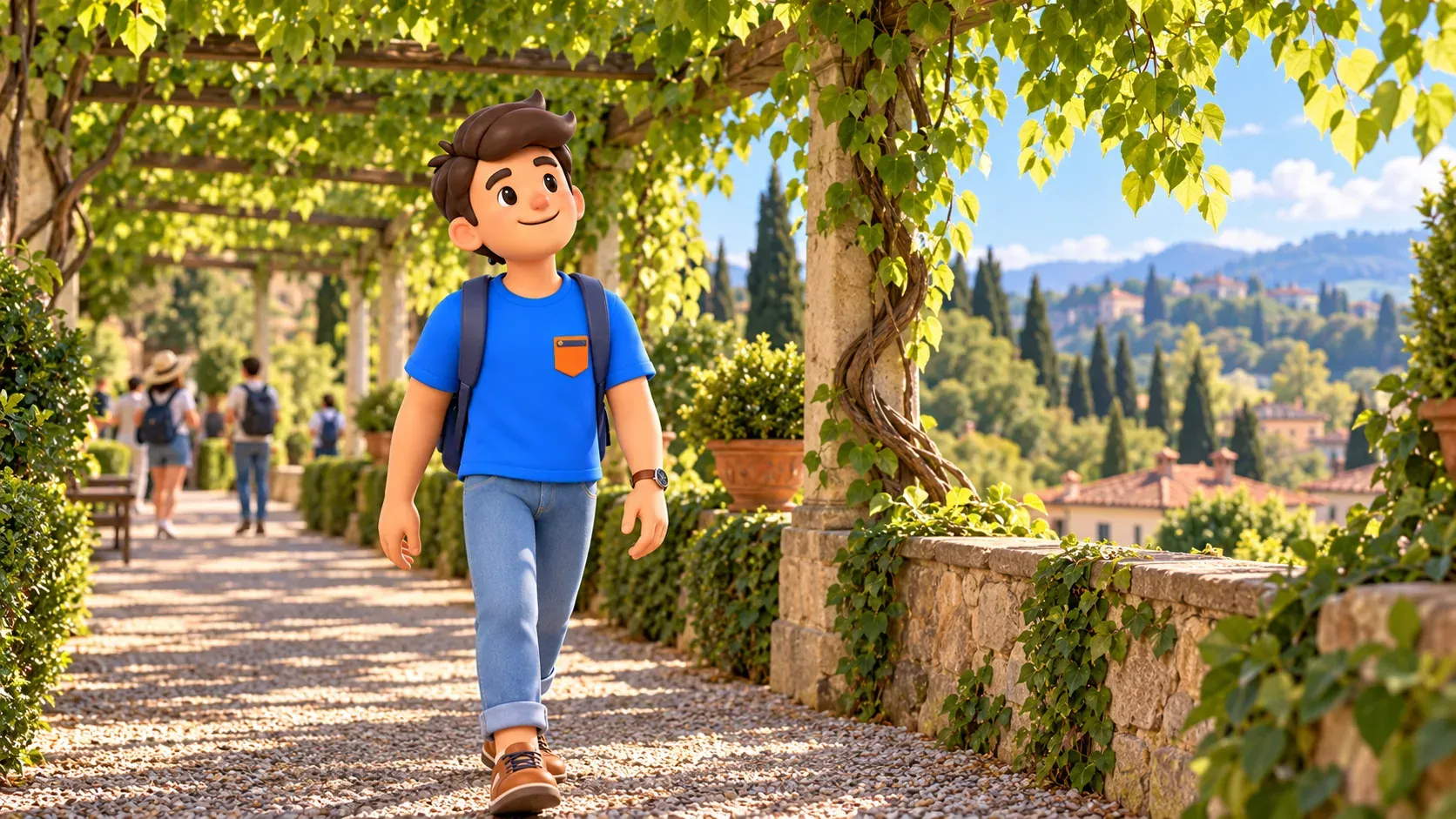 Viajero caminando bajo una pérgola verde sin flores