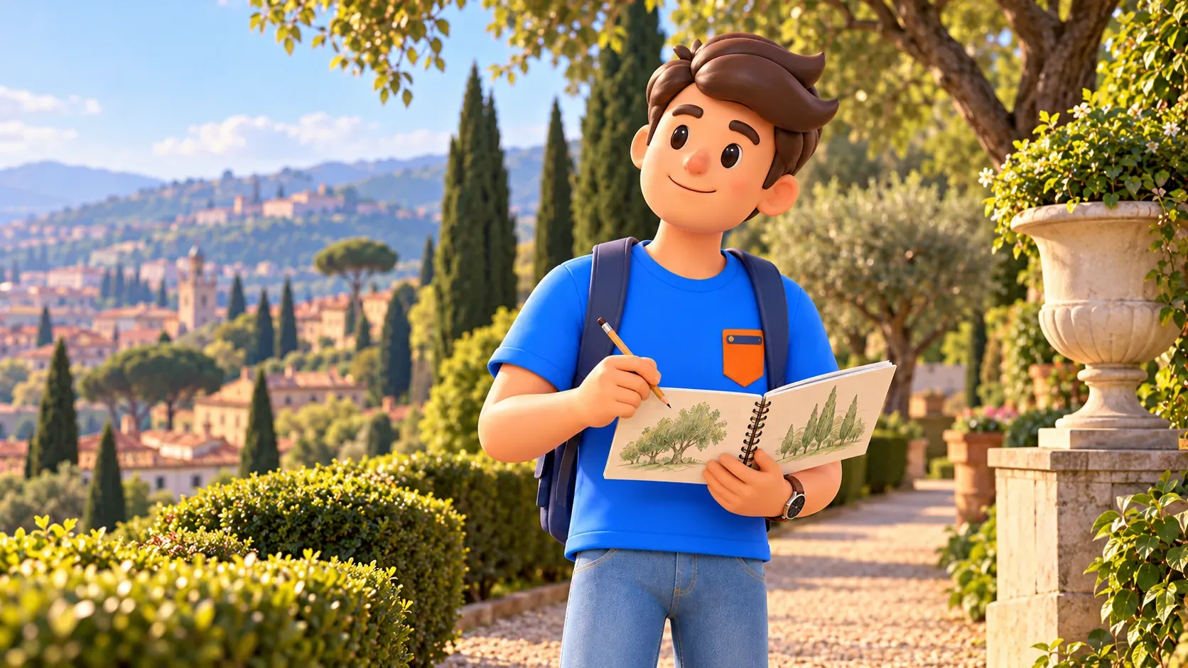 Viajero dibujando distintas formas de árboles en un cuaderno de jardín