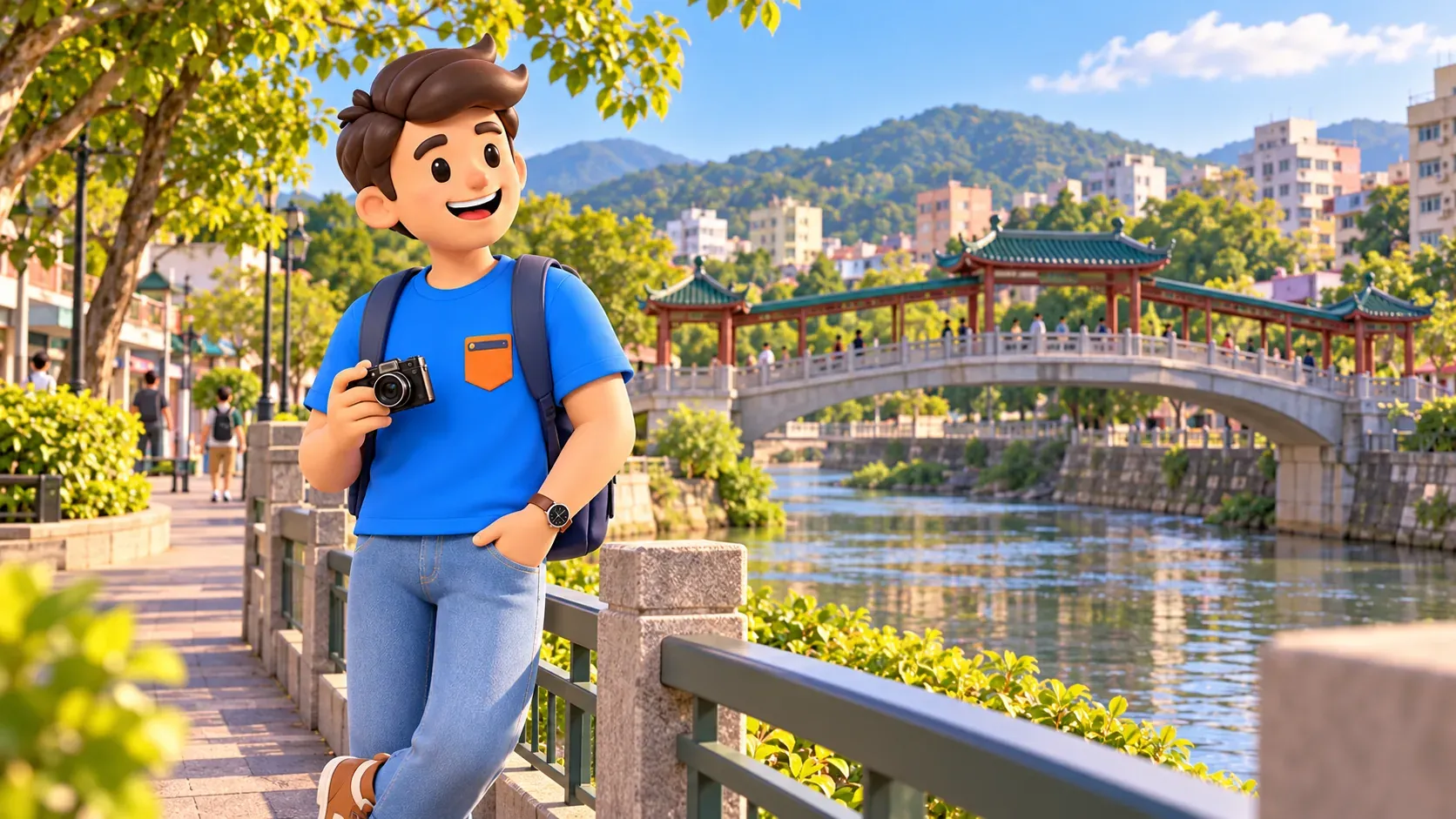 Viajero con una cámara junto a un puente peatonal de estilo chino