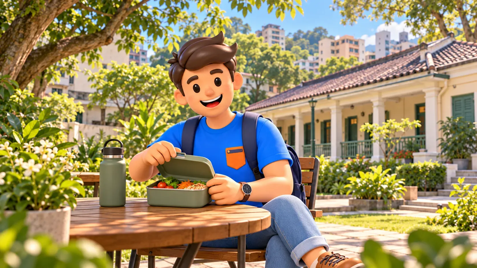 Viajero con un recipiente reutilizable en una mesa de jardín junto a un edificio histórico