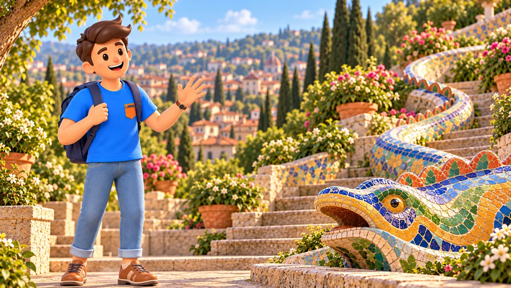 Viajero observando una figura serpenteante de mosaico junto a una escalera de jardín