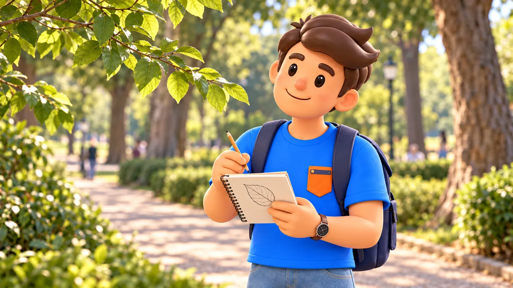 Viajero dibujando una hoja en un cuaderno junto a un árbol