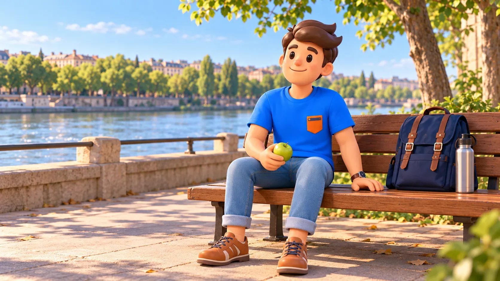 Viajero con una manzana descansando en un banco junto al río