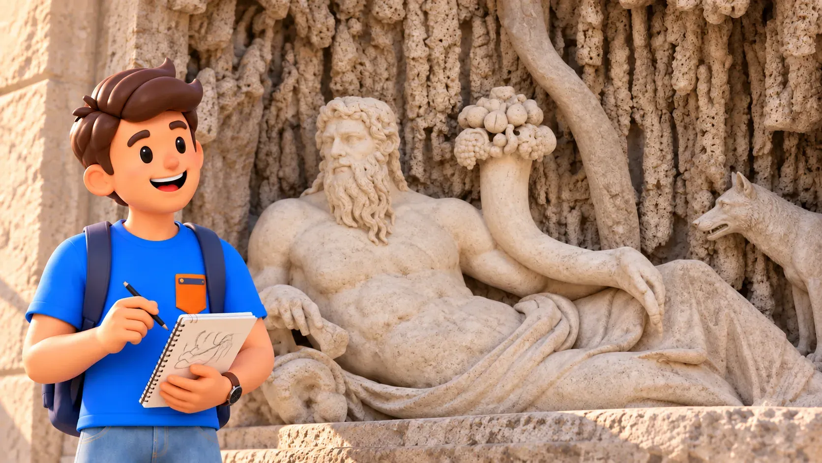 Ein Reisender skizziert eine Flussfigur an einem der Vier Brunnen