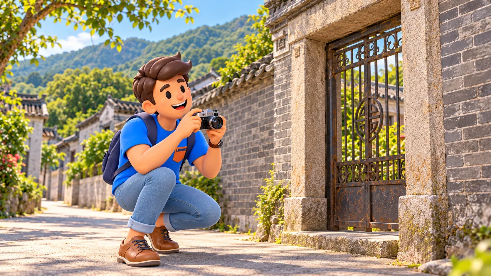 Voyageur accroupi avec un appareil photo devant des portes de village en fer