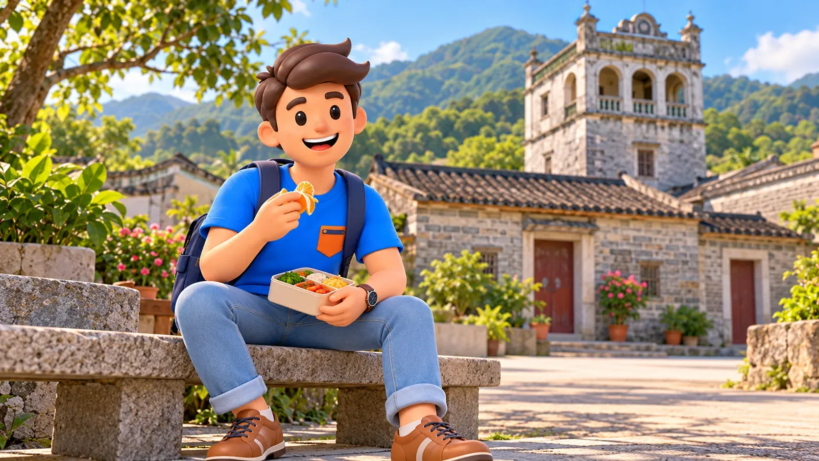 Voyageur avec une boîte-repas sur un banc devant une maison ancienne et sa tour