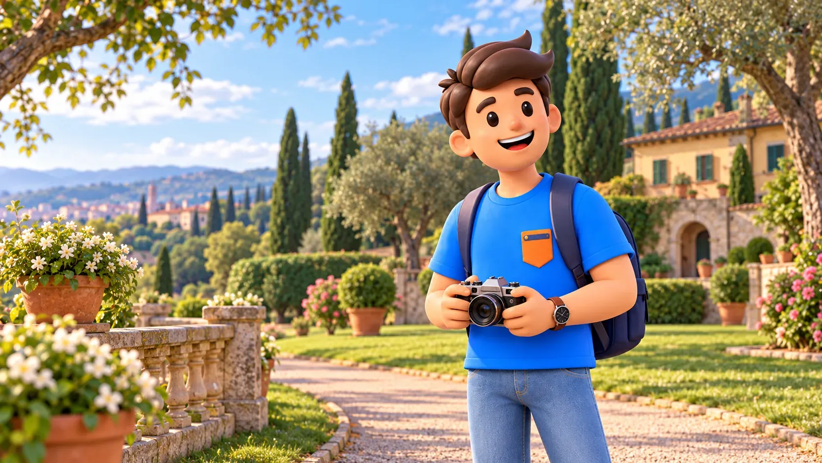 Traveler holding a camera in a landscape garden