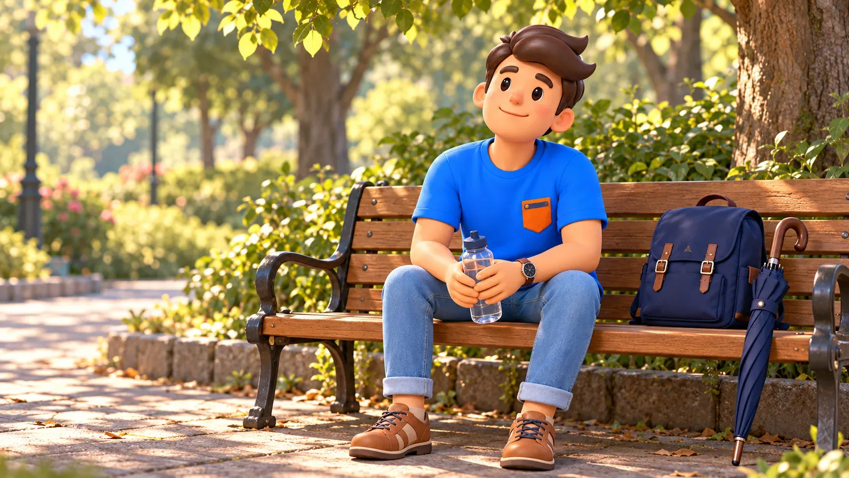 Traveler holding a water bottle resting on a park bench