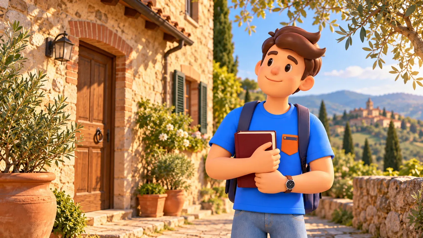 Thematic illustration of a traveler with a book outside a countryhouse
