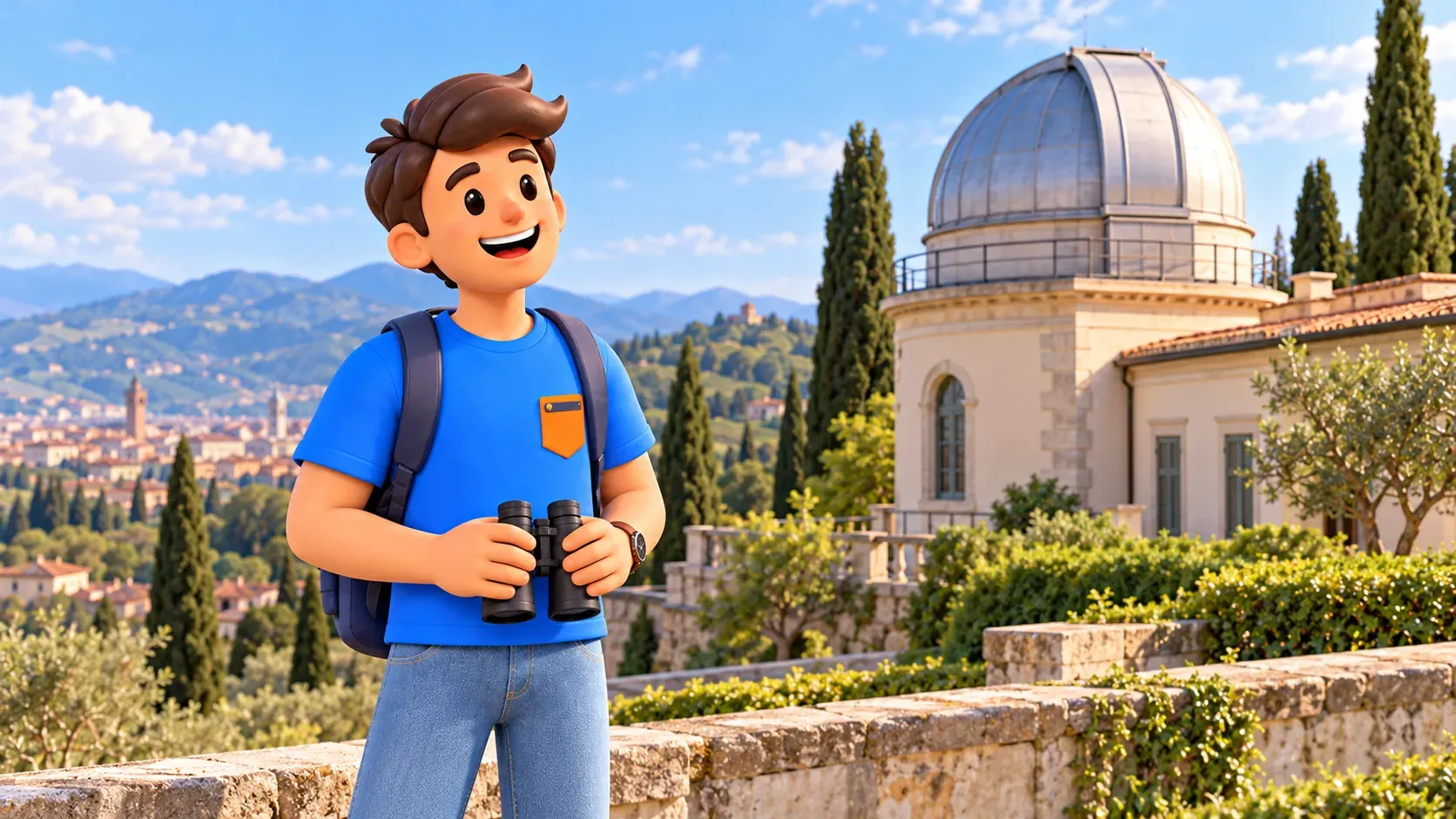 Thematic illustration of a traveler holding binoculars outside an observatory