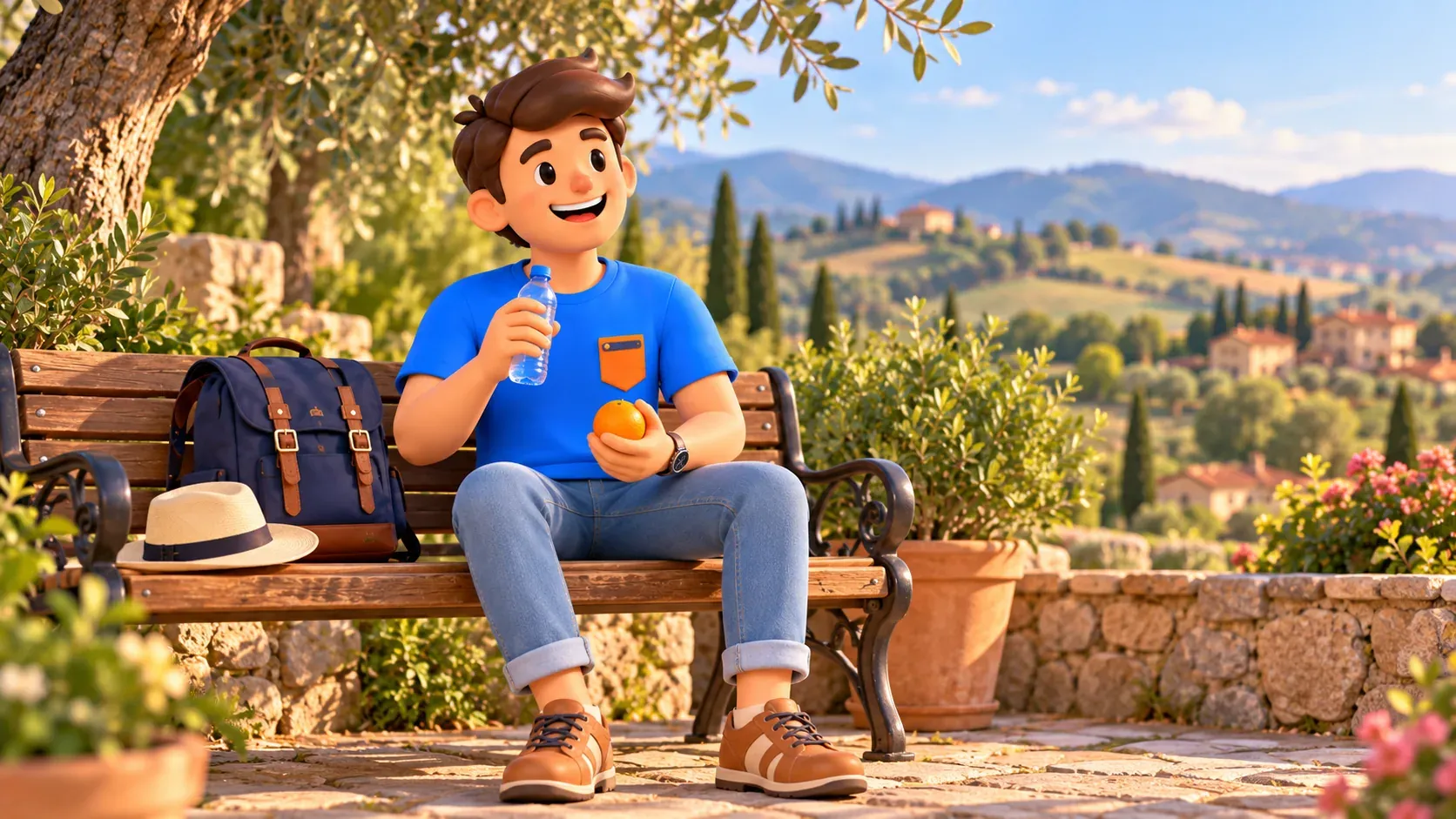 Traveler with an orange and water resting on a hillside bench