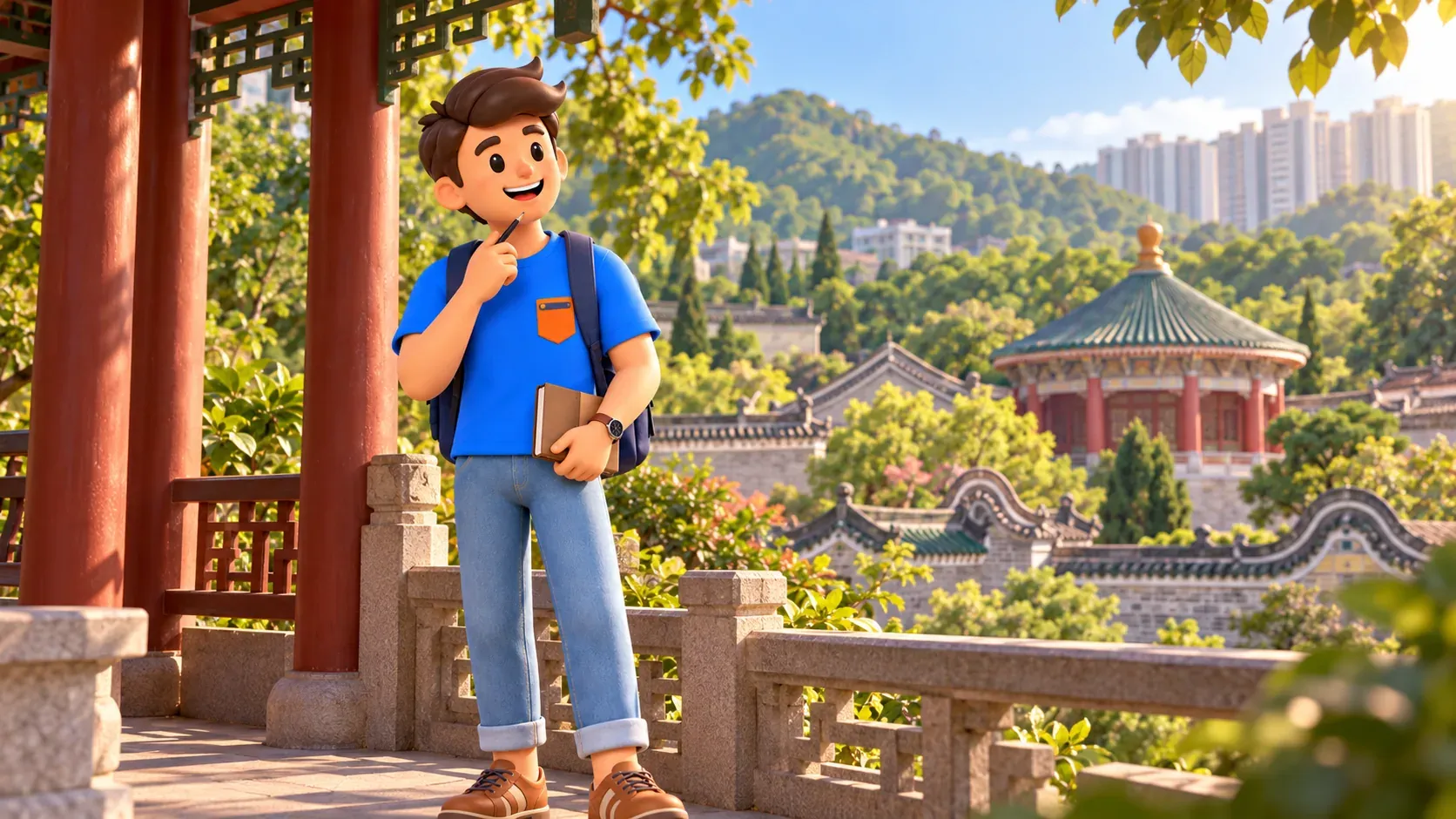 Traveller with book and pencil in a pavilion among temple roofs and greenery