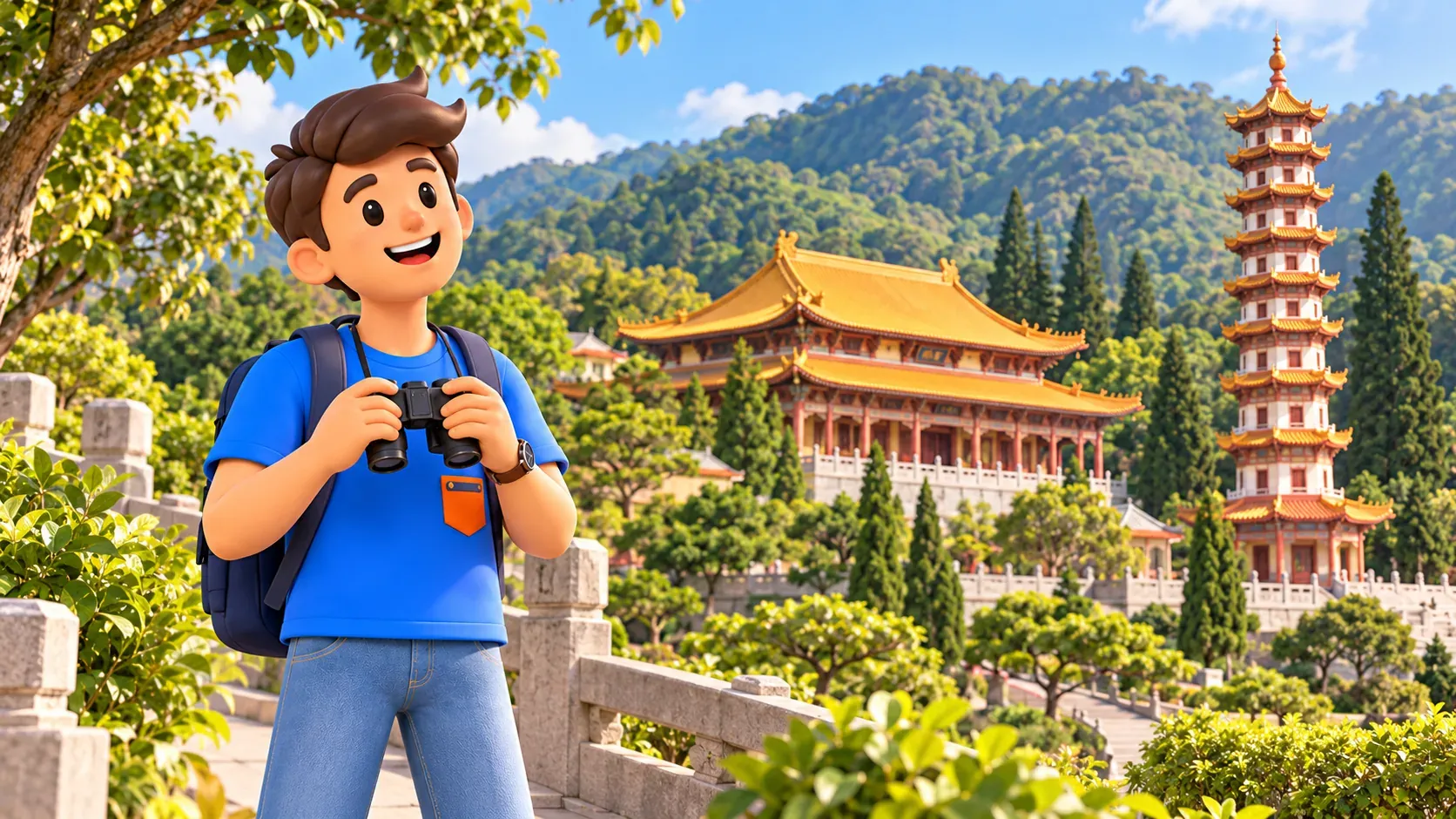 Traveller with binoculars before a nine-storey pagoda and broad temple hall