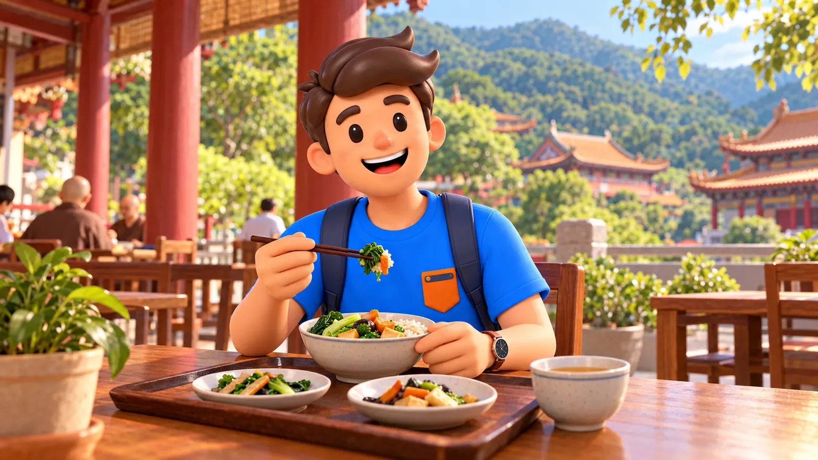 Traveller eating vegetables and rice on a sheltered terrace facing temple roofs