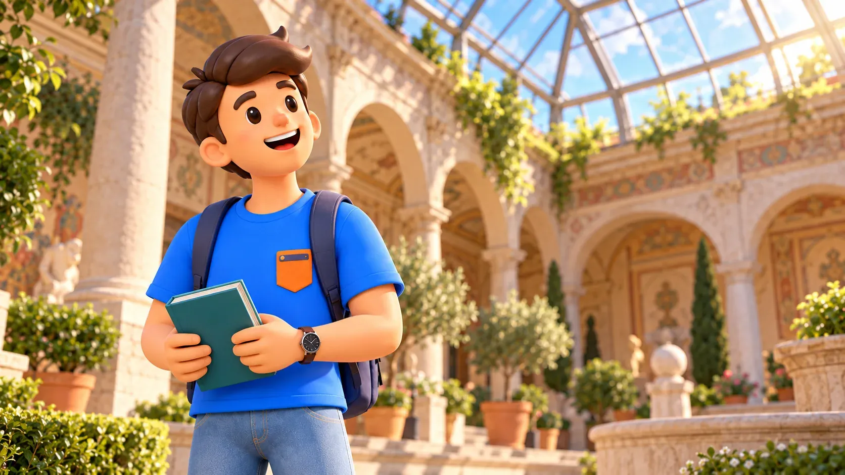 Ilustración temática de un viajero observando la cubierta de vidrio de un patio histórico