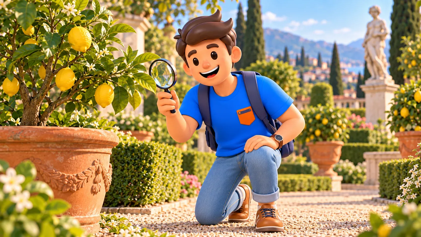 Viajero observando hojas de cítrico con lupa sin tocar la planta