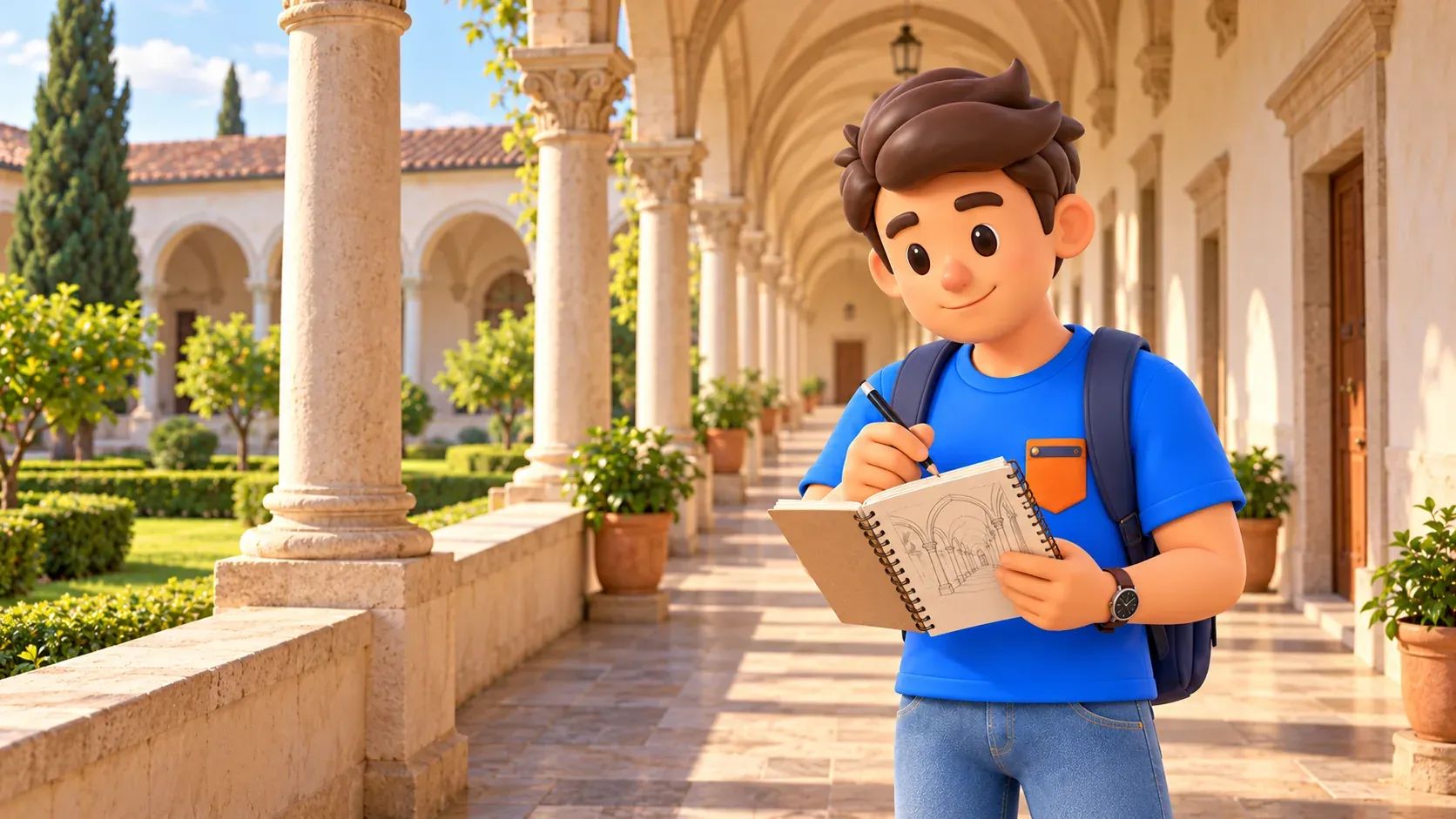 Illustration thématique : voyageur dessinant une arcade de cloître