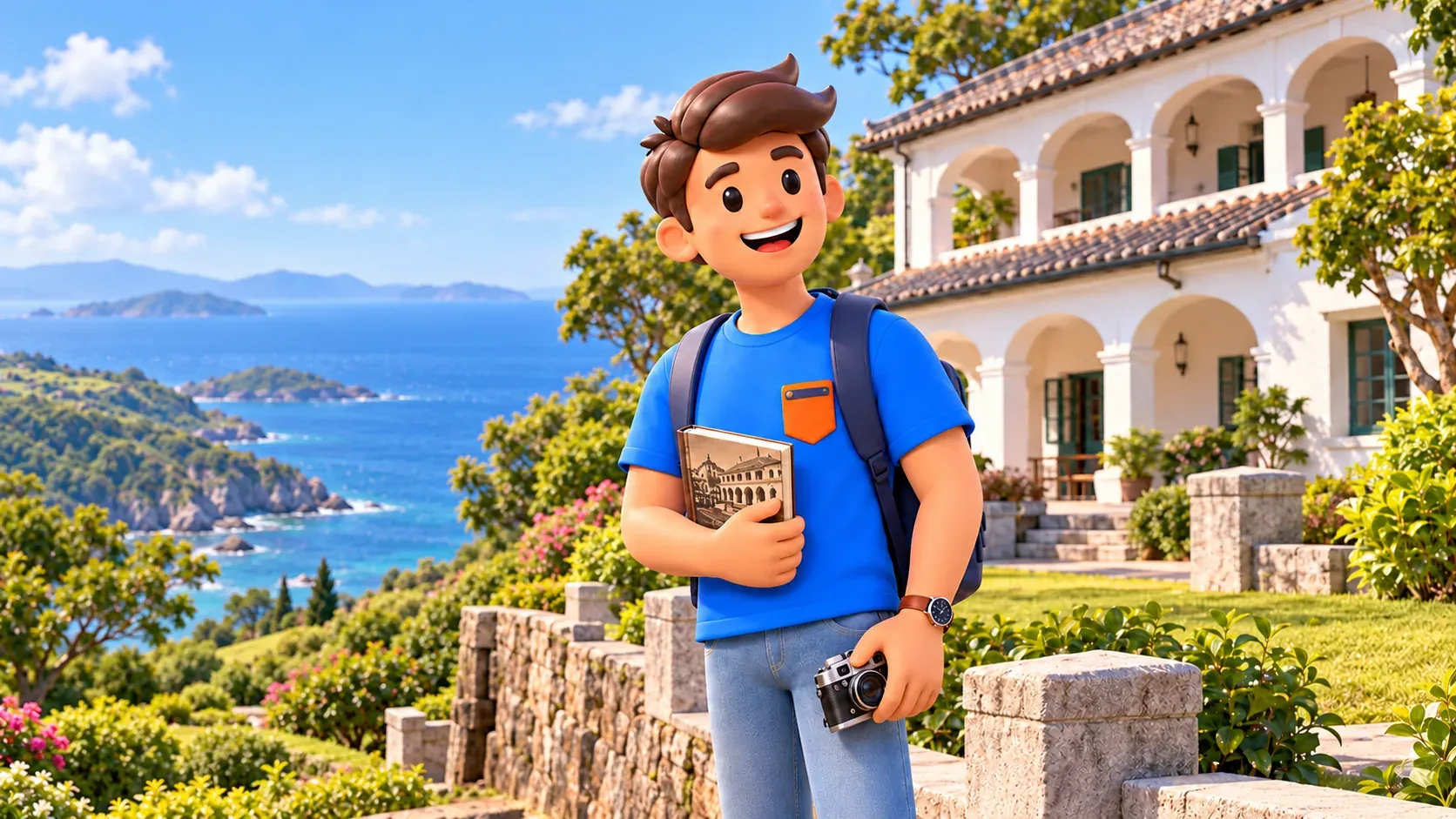 Viajero con libro y cámara junto a un edificio con galerías de arcos sobre el mar