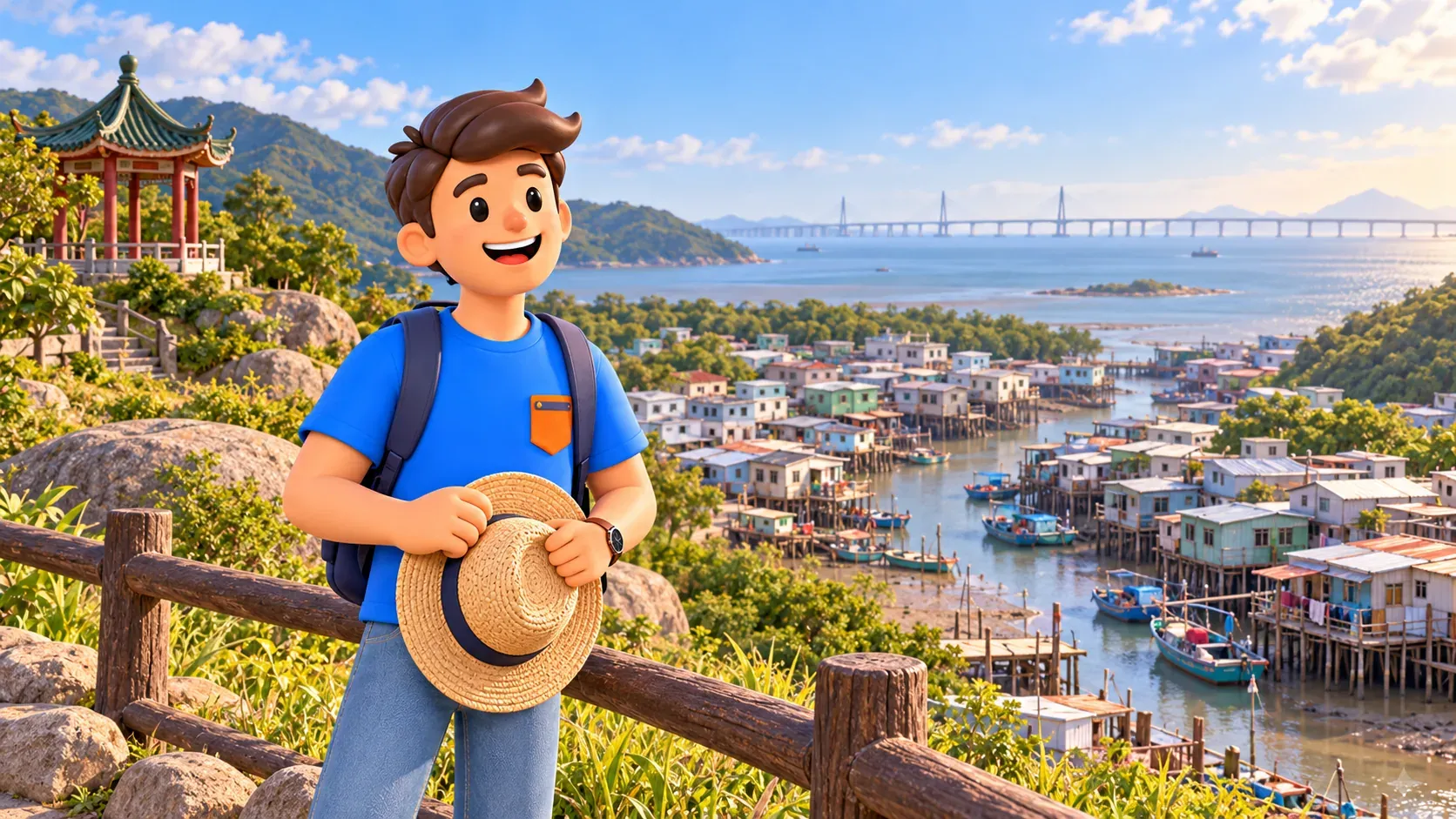 Viajero sosteniendo un sombrero de paja junto a una valla con vistas al pueblo y estuario