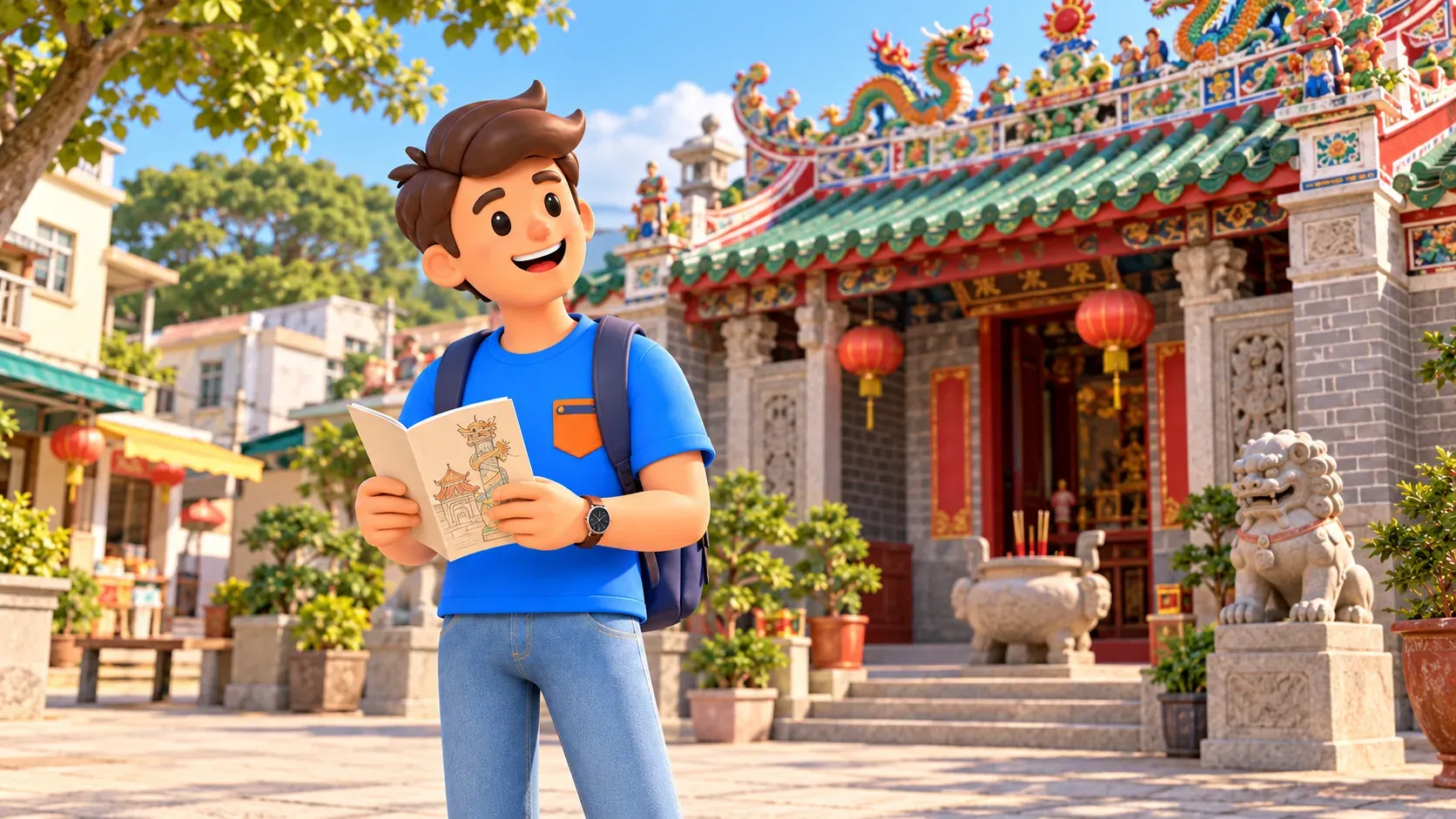 Voyageur avec brochure devant un temple aux colonnes sculptées et décor de toiture en céramique