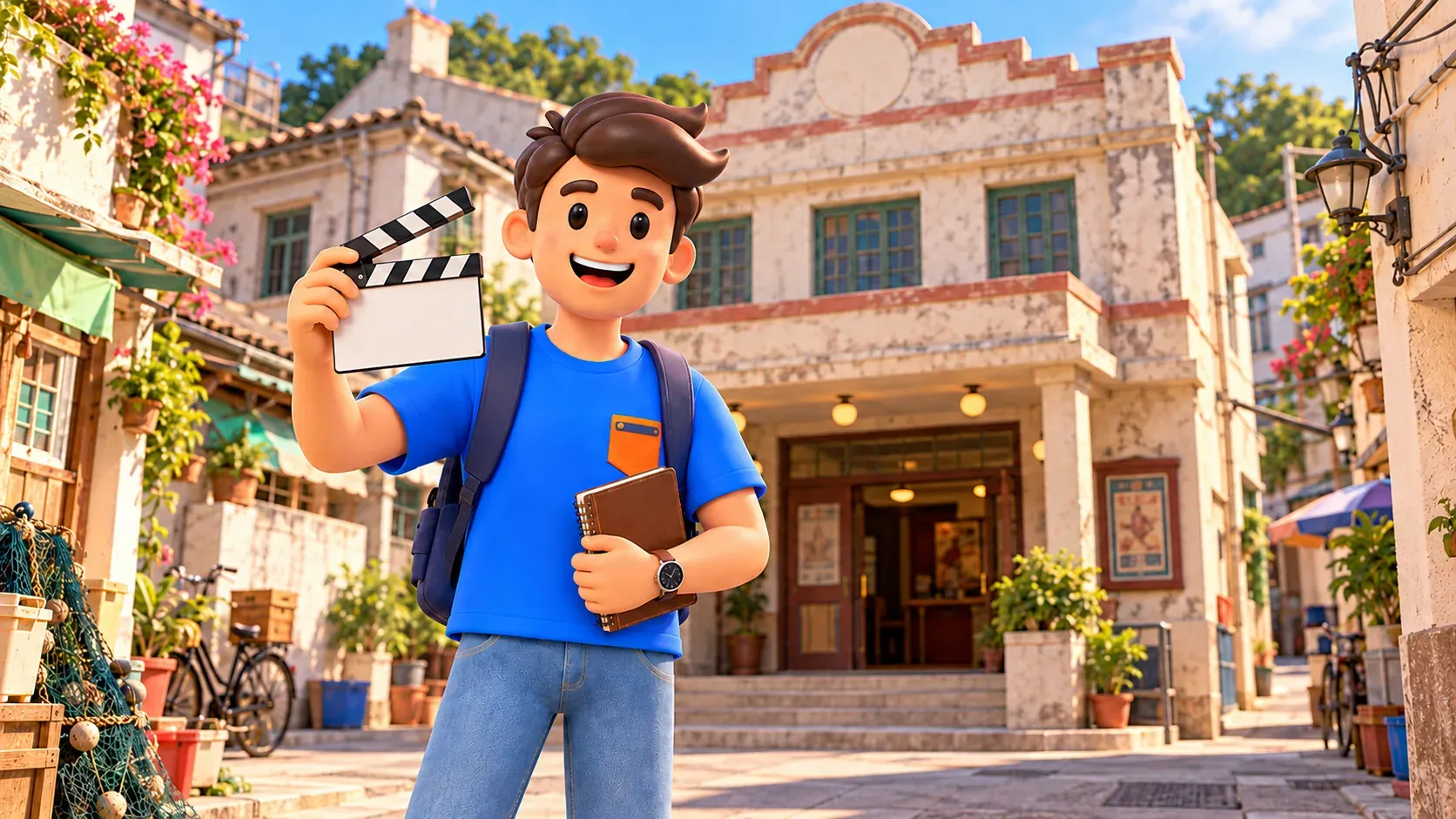 Voyageur avec clap et carnet devant un ancien cinéma