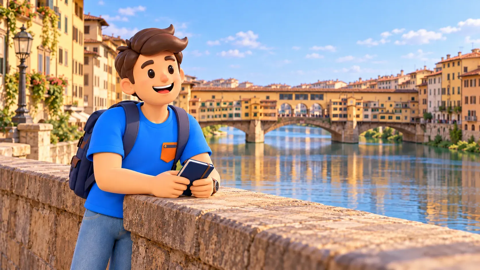 Thematische Illustration: Reisender am Brückengeländer mit Blick auf eine Ladenbrücke