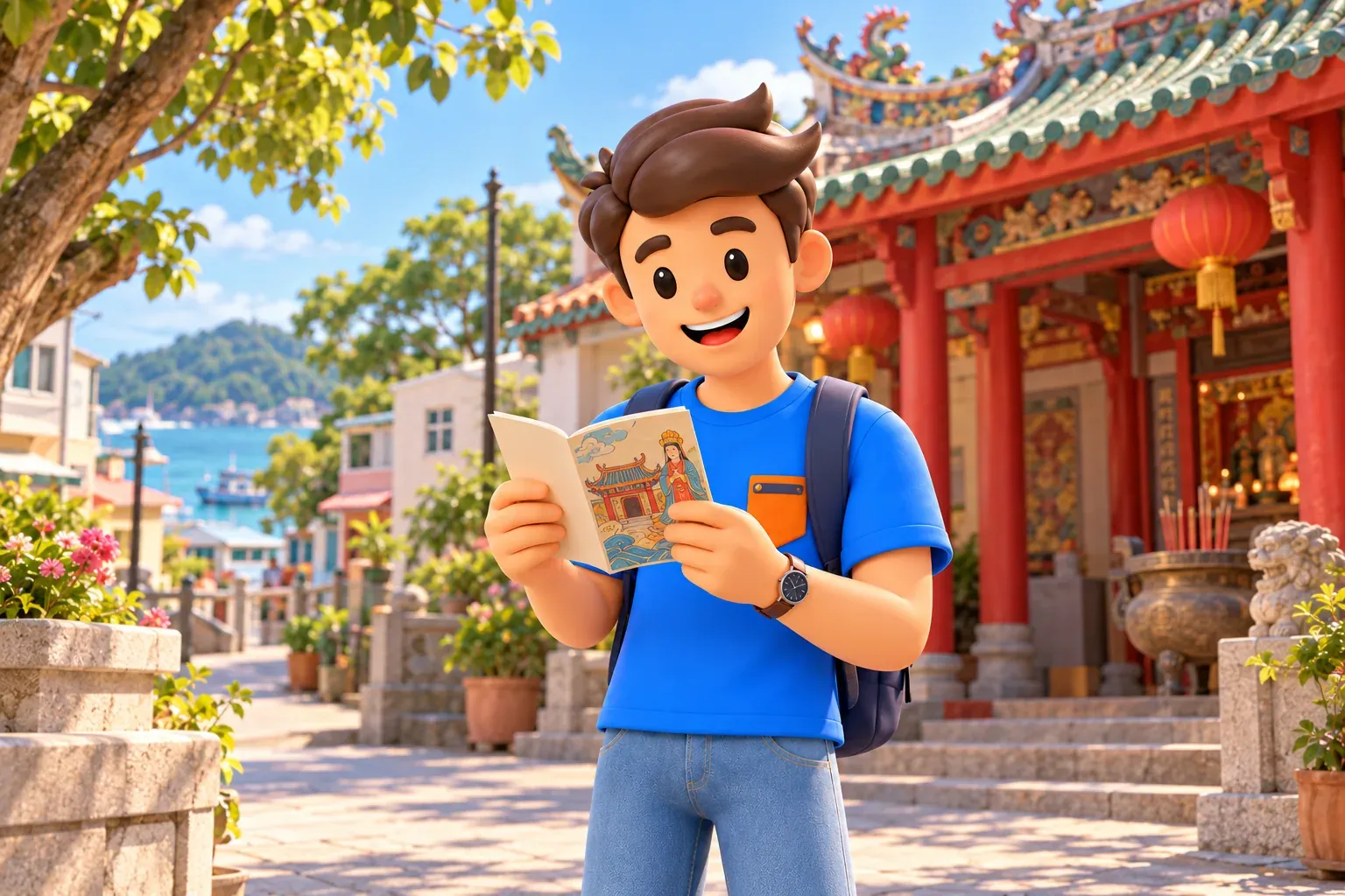 Traveller reading a booklet outside a small temple in an island village