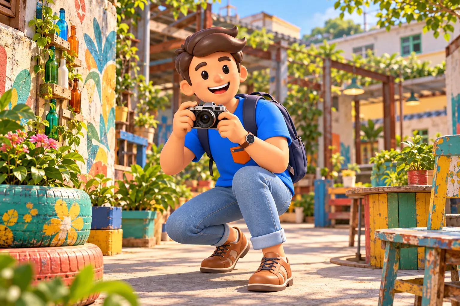 Traveller with a camera in a creative courtyard of plants and reused objects